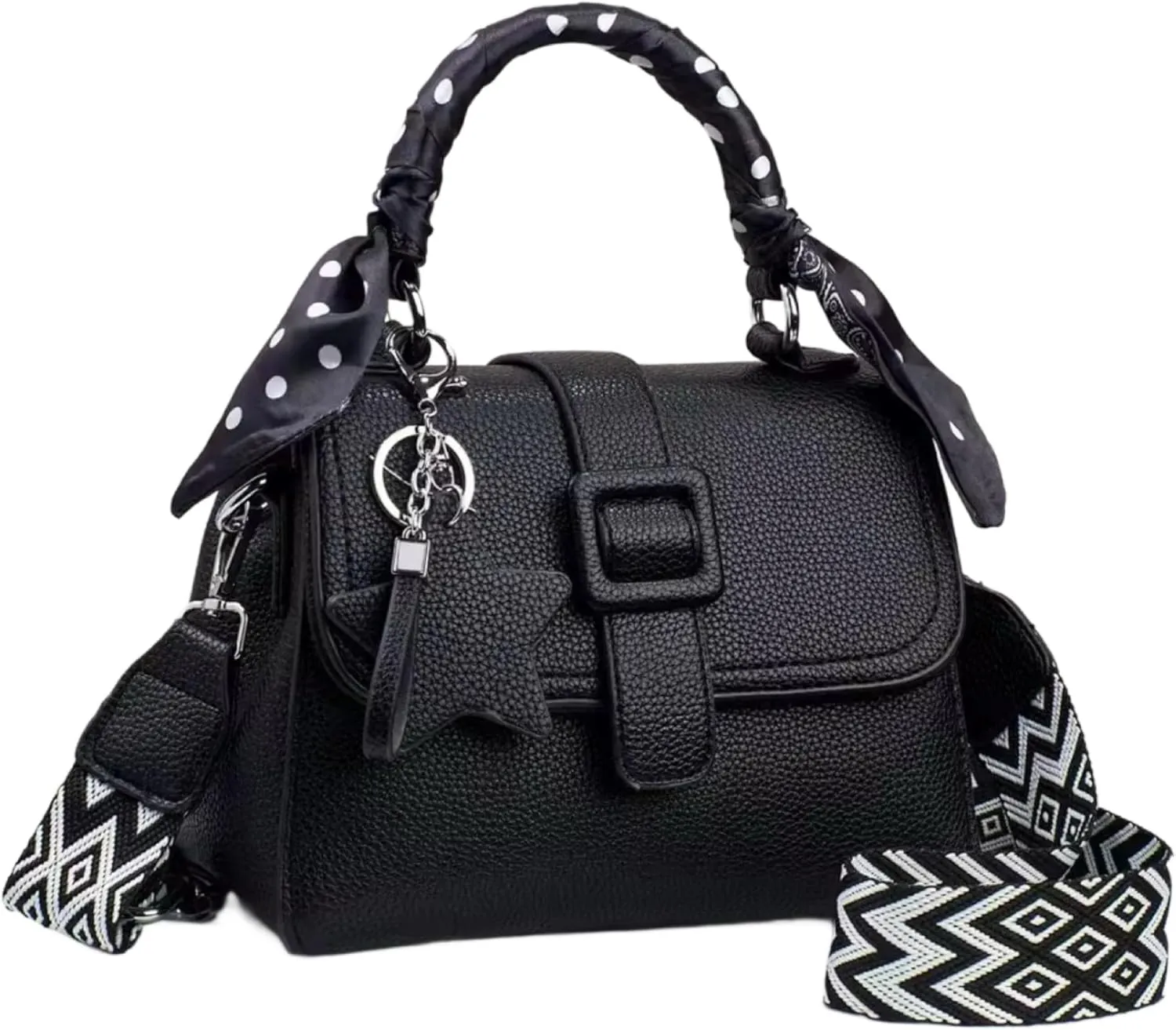 Designer Crossbody Handbag with Polka Dot Scarf, Geometric Strap, Available in Black, Pink, Beige