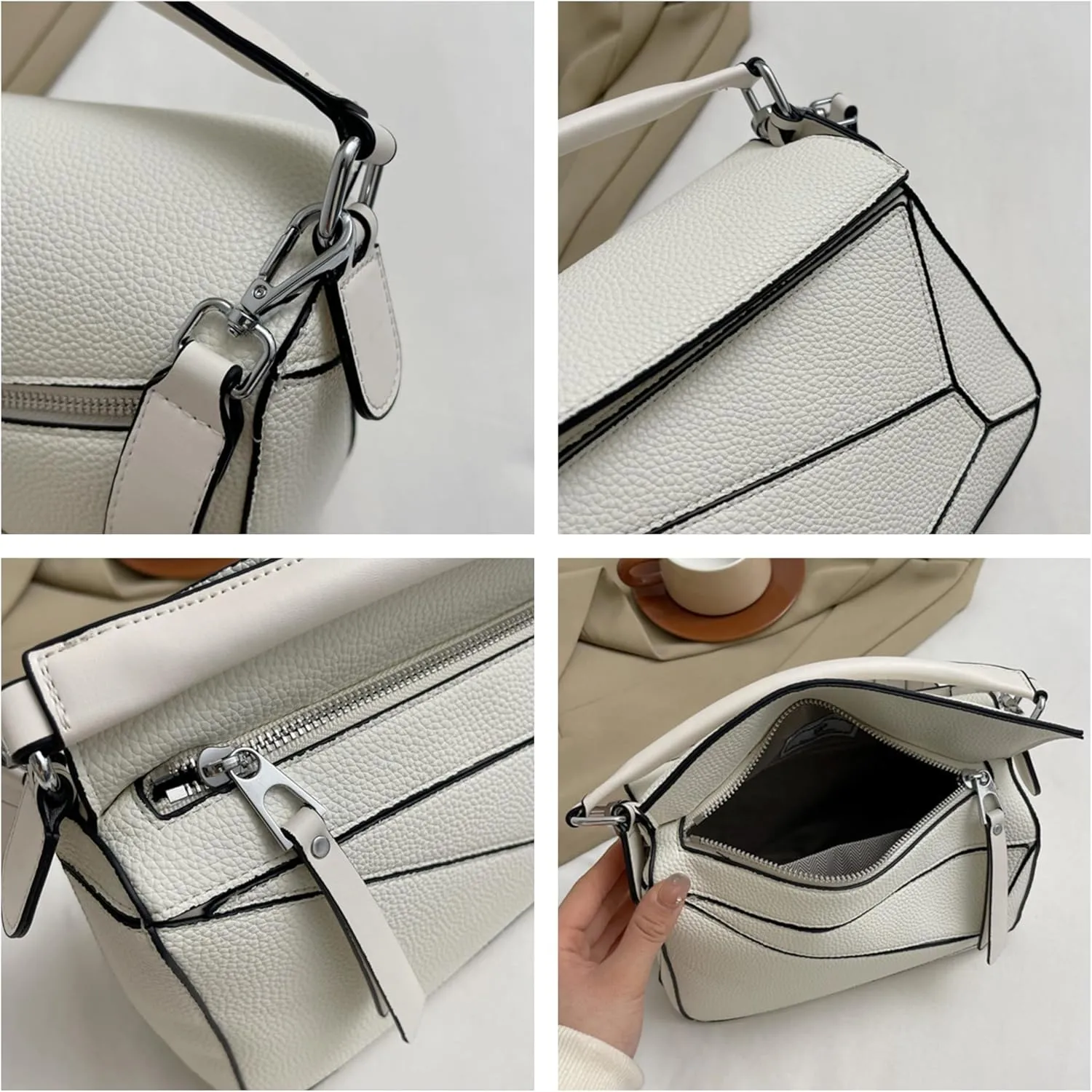 Designer Geometric Shoulder Bag, Litchi Grain Handbag Pillow Bag with Adjustable Strap