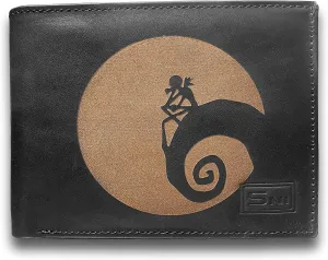 Disney Nightmare Genuine Cowhide Leather Laser Engraved Engraving Slimfold Mens Large Capacity Luxury Wallet Purse Minimalist Sleek and Slim Black Card Holder Organizer 14 Pockets