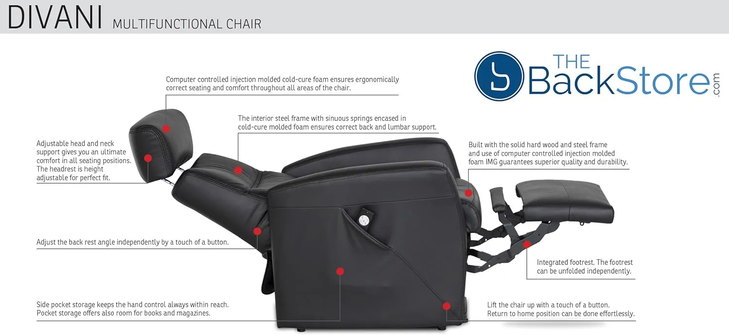 Divani RG 325 Large Glider Relaxer Rocking Recliner Swivel Chair - Sauvage Charcoal Leather Manual Recline - Adjustable Headres