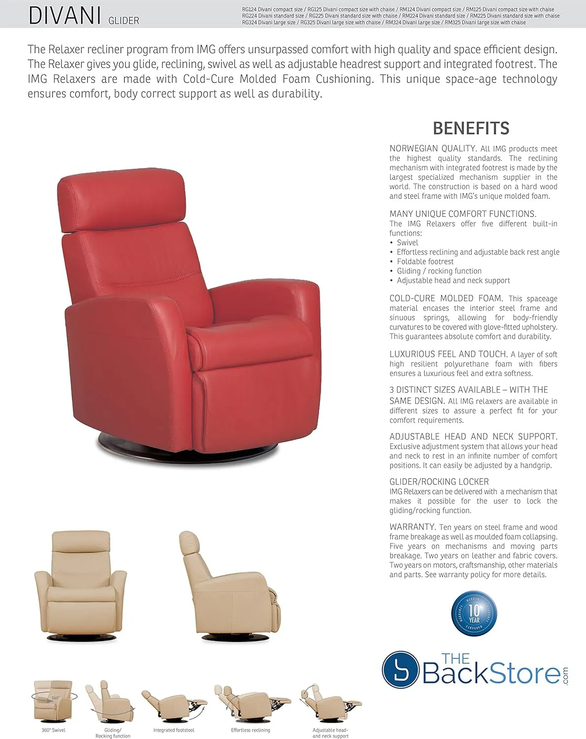 Divani RG 325 Large Glider Relaxer Rocking Recliner Swivel Chair - Trend Sand Leather Manual Recline - Adjustable Headres
