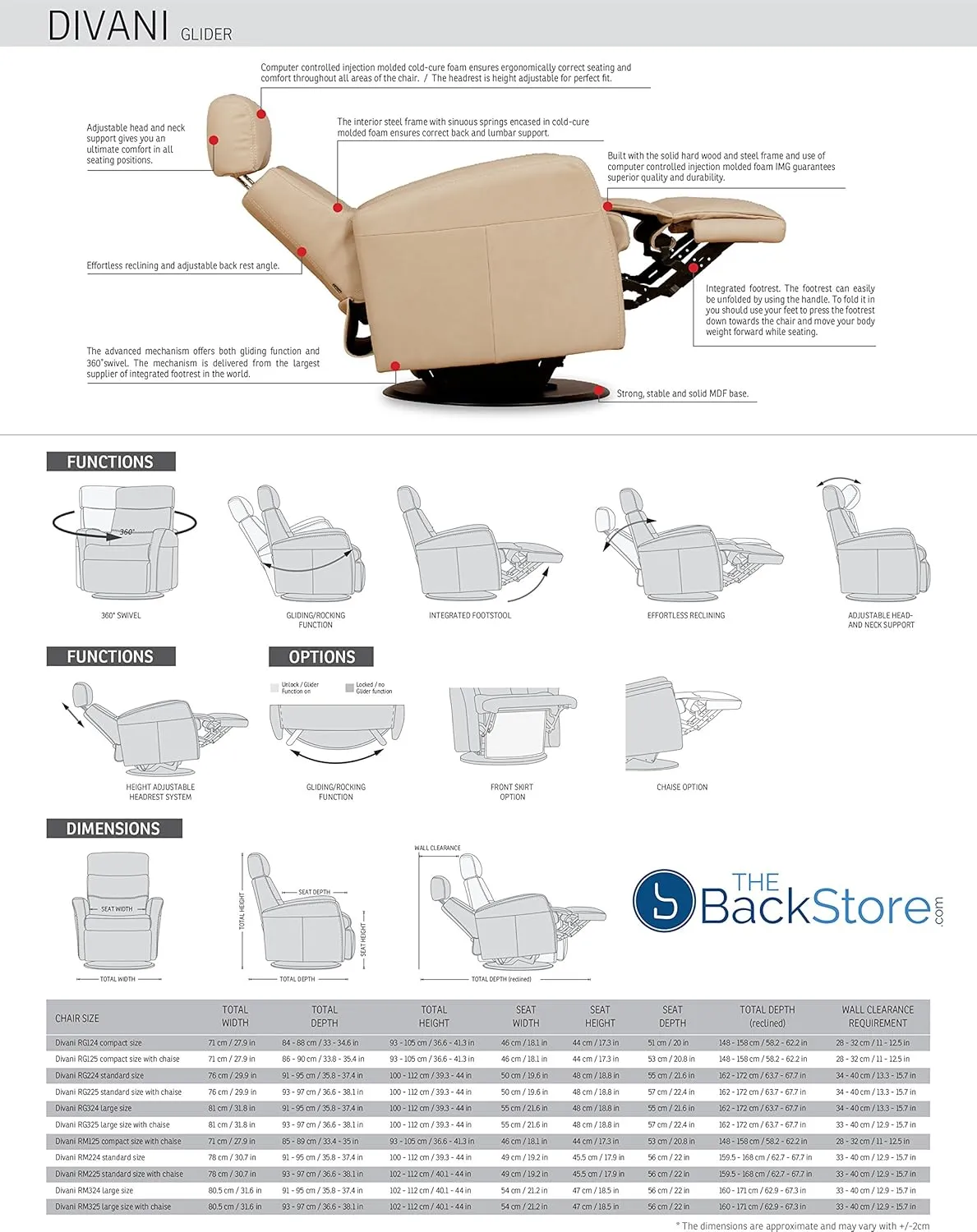 Divani RG 325 Large Glider Relaxer Rocking Recliner Swivel Chair - Trend Sand Leather Manual Recline - Adjustable Headres