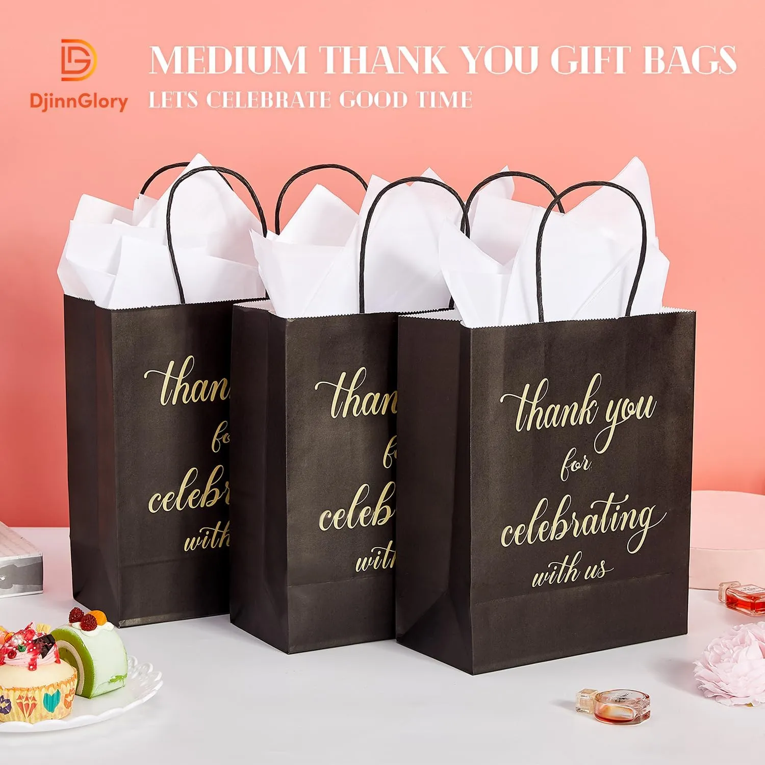 DjinnGlory 50 Pack Medium Sized Black Welcome Gift Bags with Tissue Paper 10x8x4 Inch, Thank You for Celebrating with Us Bags with Handles for Wedding Graduation Bridal Shower Party Favors Goodies