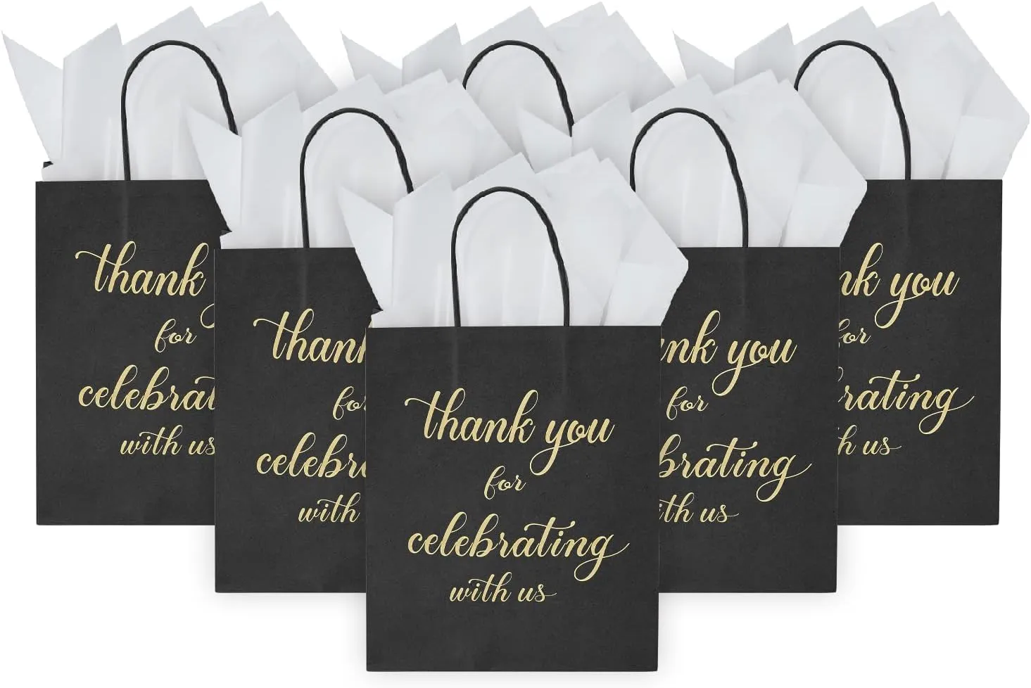 DjinnGlory 50 Pack Medium Sized Black Welcome Gift Bags with Tissue Paper 10x8x4 Inch, Thank You for Celebrating with Us Bags with Handles for Wedding Graduation Bridal Shower Party Favors Goodies
