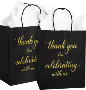 DjinnGlory 50 Pack Medium Sized Black Welcome Gift Bags with Tissue Paper 10x8x4 Inch, Thank You for Celebrating with Us Bags with Handles for Wedding Graduation Bridal Shower Party Favors Goodies