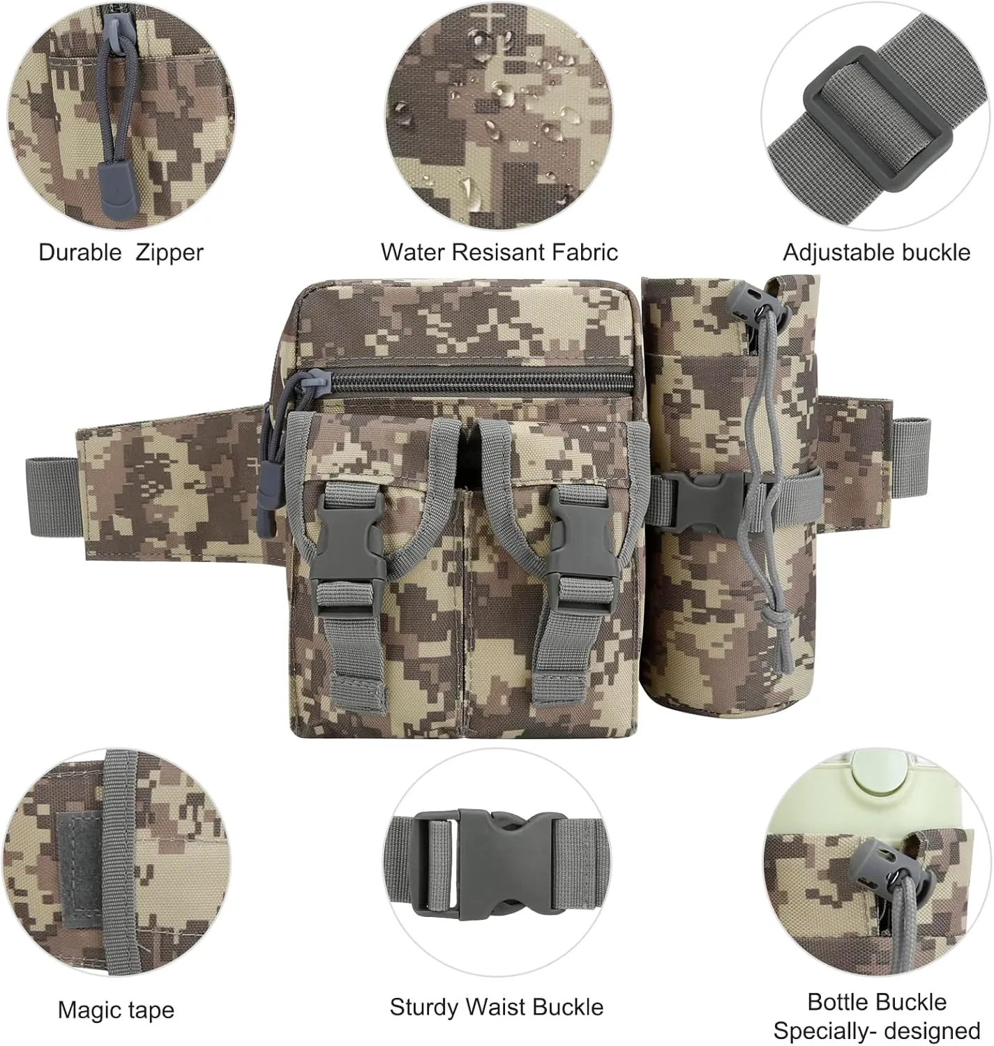 DOB SECHS Hiking Waist Bag with Detachable Water Bottle Holder and Adjustable Waist Belt Oxford Fanny Pack for Men Women Causal Belt Bag for Travel Outdoor Fishing Running Hiking Hunting,Camouflage-B