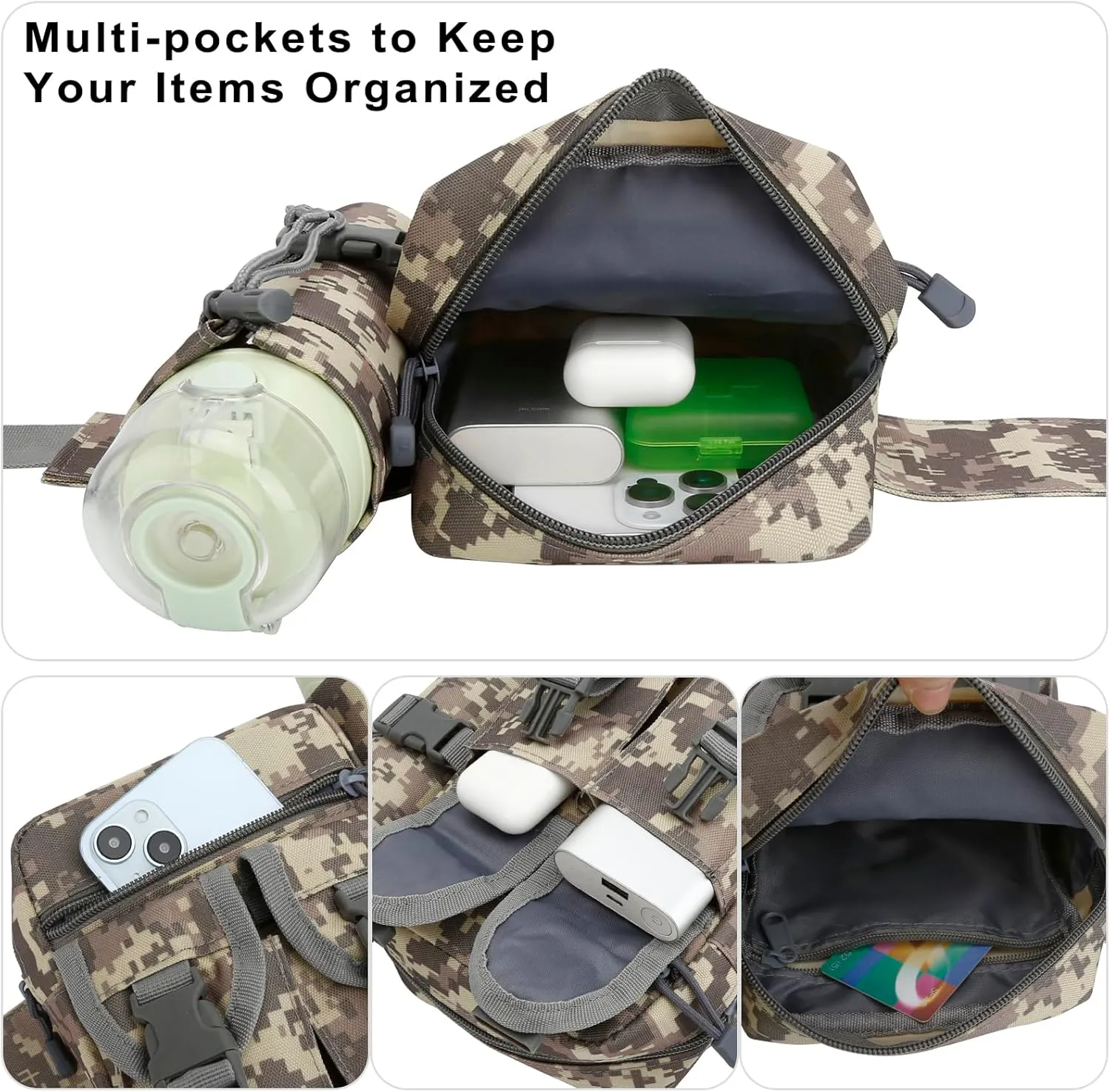 DOB SECHS Hiking Waist Bag with Detachable Water Bottle Holder and Adjustable Waist Belt Oxford Fanny Pack for Men Women Causal Belt Bag for Travel Outdoor Fishing Running Hiking Hunting,Camouflage-B