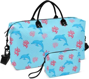 Dolphin Coral Lightblue Sports Gym Bag for Women Men Travel Duffel Bag Weekend Overnight Carry on Bag with Toiletry Bag Air Travel Bag for Hospital Plane Swimming Yoga Workout