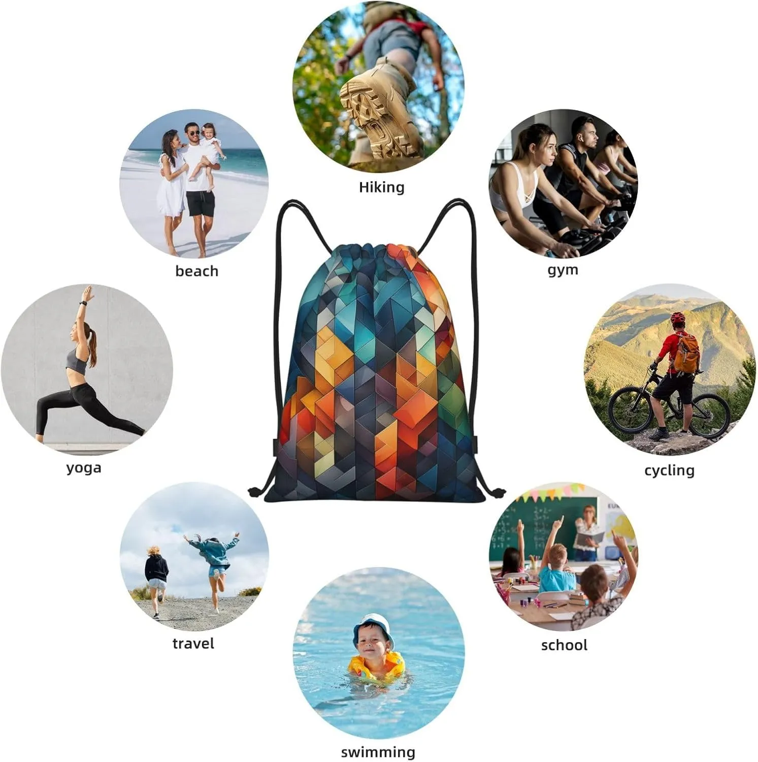 Drawstring Backpack For Men Women Complex Geometric Designs String Bag Waterproof Cinch Bag Sports Gym Sackpack Medium