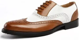 Dress Oxford Shoes for Men Lace Up Brogue Embossed Wing tip PU Leather Two Tone Oxford Shoes Low Top Rubber Sole Block Heel Anti-Slip Slip Resistant