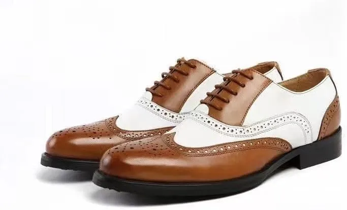 Dress Oxford Shoes for Men Lace Up Brogue Embossed Wing tip PU Leather Two Tone Oxford Shoes Low Top Rubber Sole Block Heel Anti-Slip Slip Resistant