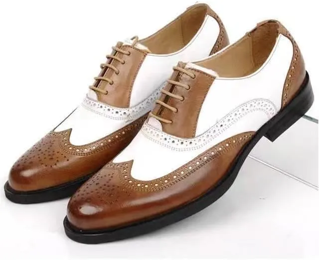 Dress Oxford Shoes for Men Lace Up Brogue Embossed Wing tip PU Leather Two Tone Oxford Shoes Low Top Rubber Sole Block Heel Anti-Slip Slip Resistant