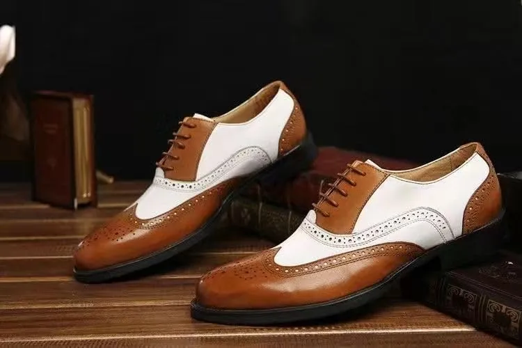 Dress Oxford Shoes for Men Lace Up Brogue Embossed Wing tip PU Leather Two Tone Oxford Shoes Low Top Rubber Sole Block Heel Anti-Slip Slip Resistant