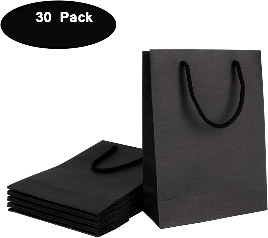 driew Black Gift Bags with Handles, Black Bag with Handles 7.5x3x10 inches Pack of 30