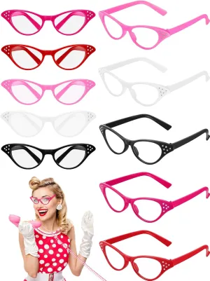 Dunzy 10 Pairs Cat Eye Rhinestone Glasses Retro 50s 60s Old Lady Glasses Carnival Sock Hop Party Decorations