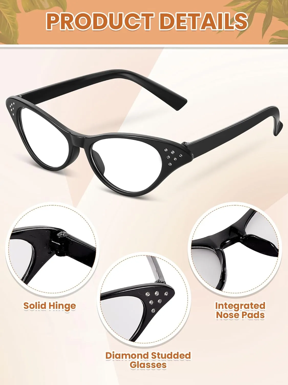 Dunzy 10 Pairs Cat Eye Rhinestone Glasses Retro 50s 60s Old Lady Glasses Carnival Sock Hop Party Decorations