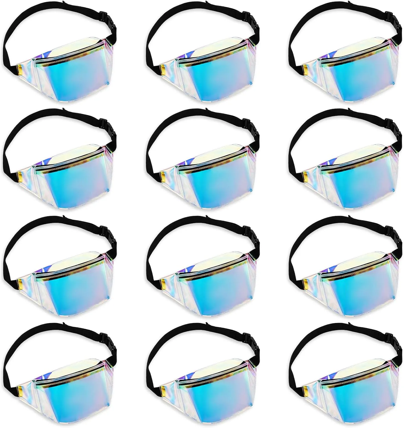 Dunzy 12 Pcs Holographic Fanny Pack Metallic Bachelorette Fanny Packs clear Waterproof Neon Waist Bag for Women Bachelorette Party Concerts Travel