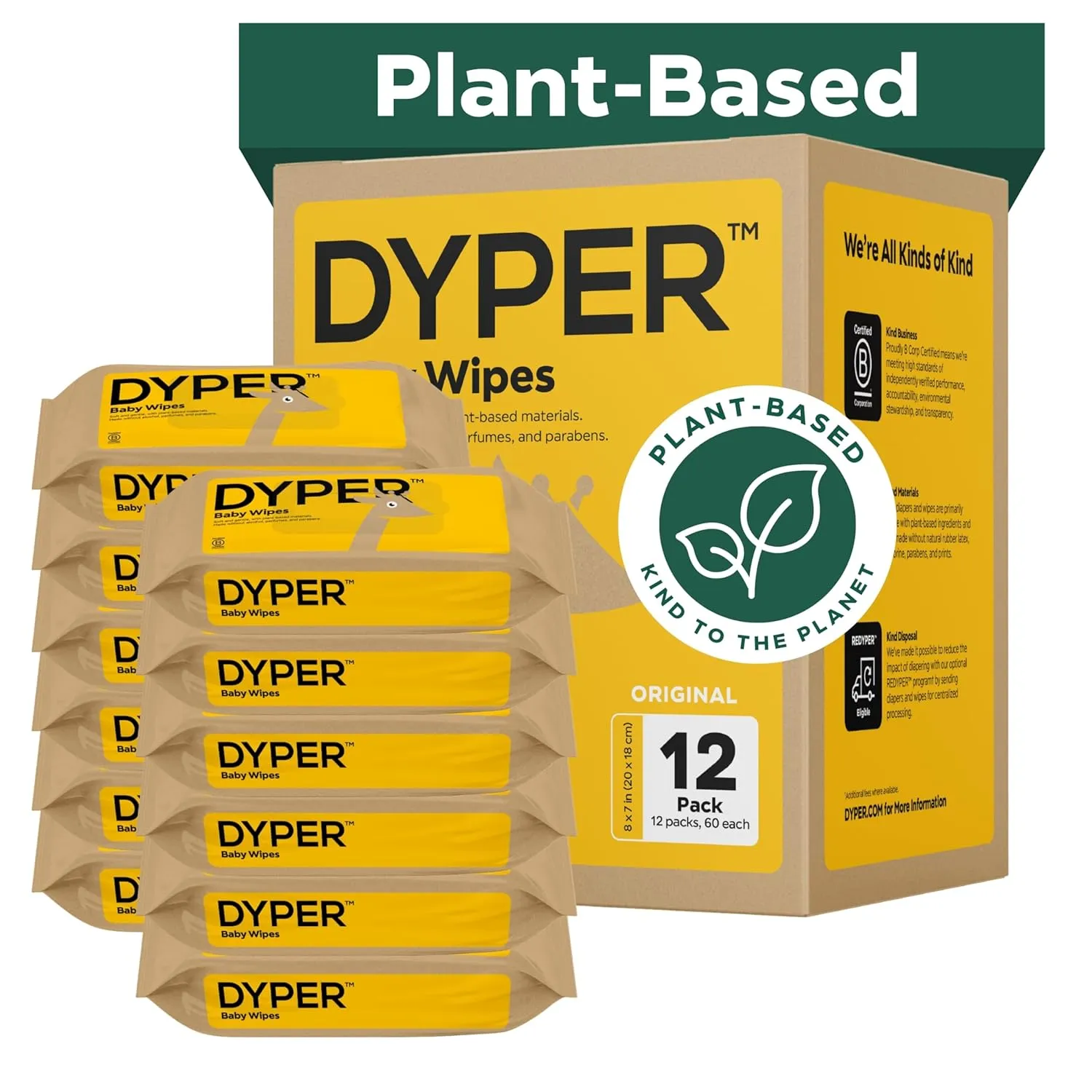 DYPER - 99% Water Based Baby Wipes 100% Made from Plant-Based* & Honest for Sensitive Skin, Fragrance & Plastic-Free - Unscented, Pack of 12 (720 Count)