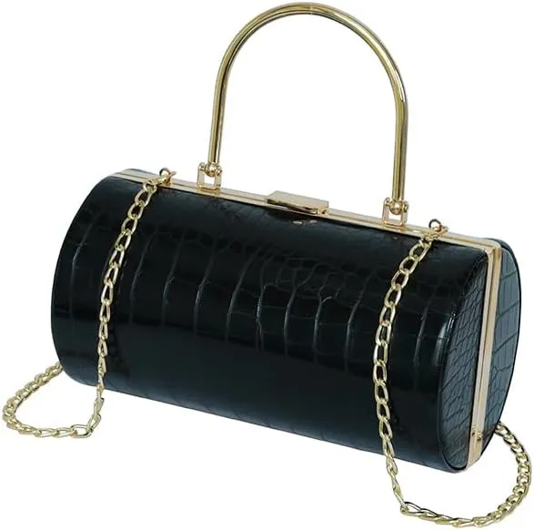 Elegant Black Crocodile-embossed Leather Clutch Shoulder Purse for Women Top Handle Purse Vintage Barrel Shape Evening Handbag