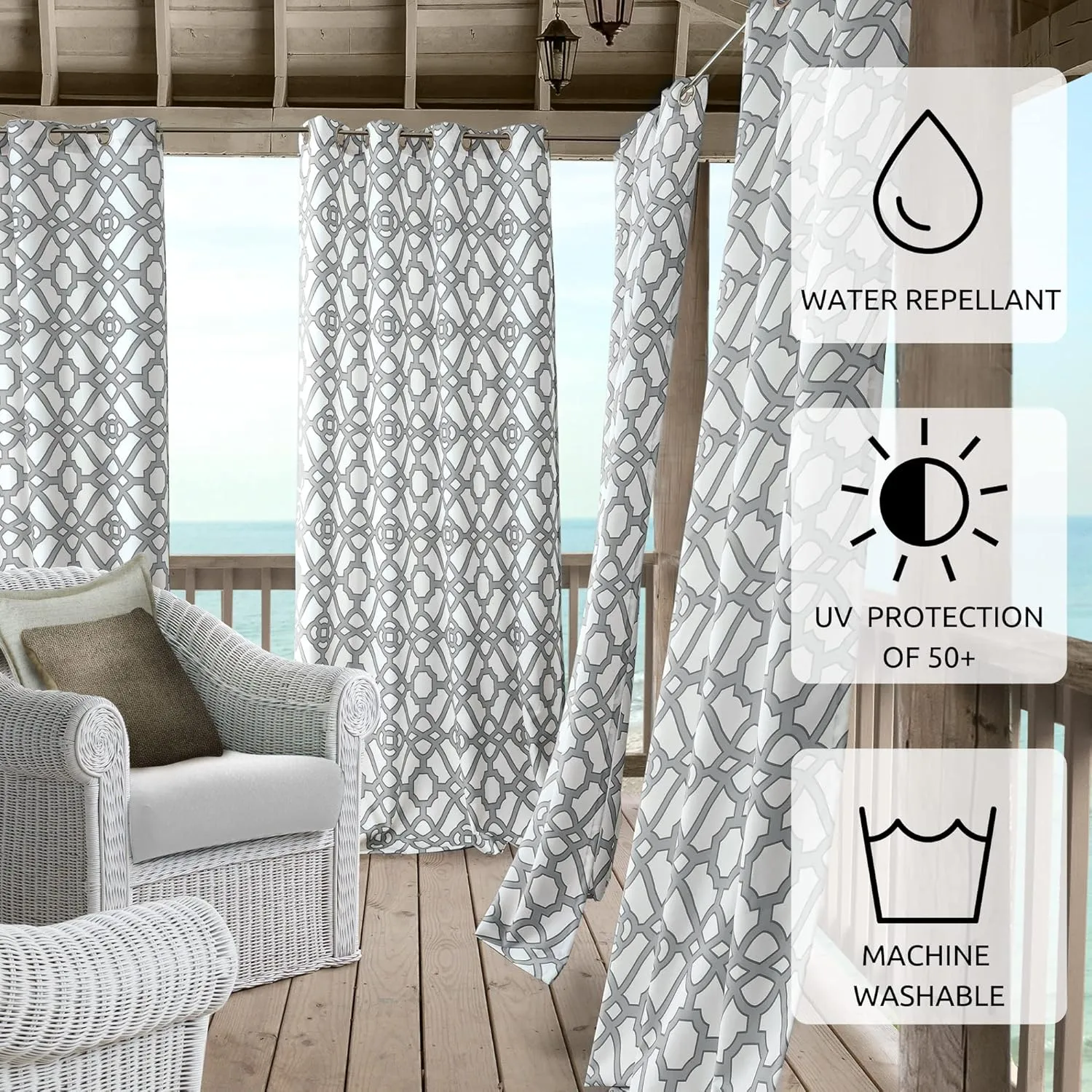 Elrene Home Fashions Marin Indoor/Outdoor Geometric Ironwork Print Grommet Window Curtain Patio, Pergola, Porch, Deck, and Lanai, 50 in x 108 in (1 Panel), Gray