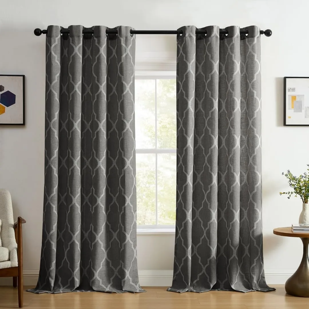Elrene Home Fashions Medalia Grommet Top Light Filtering Trellis Geometric Pattern Linen Blend Window Curtain Single Panel, 52" W x 95" L, Dark Gray