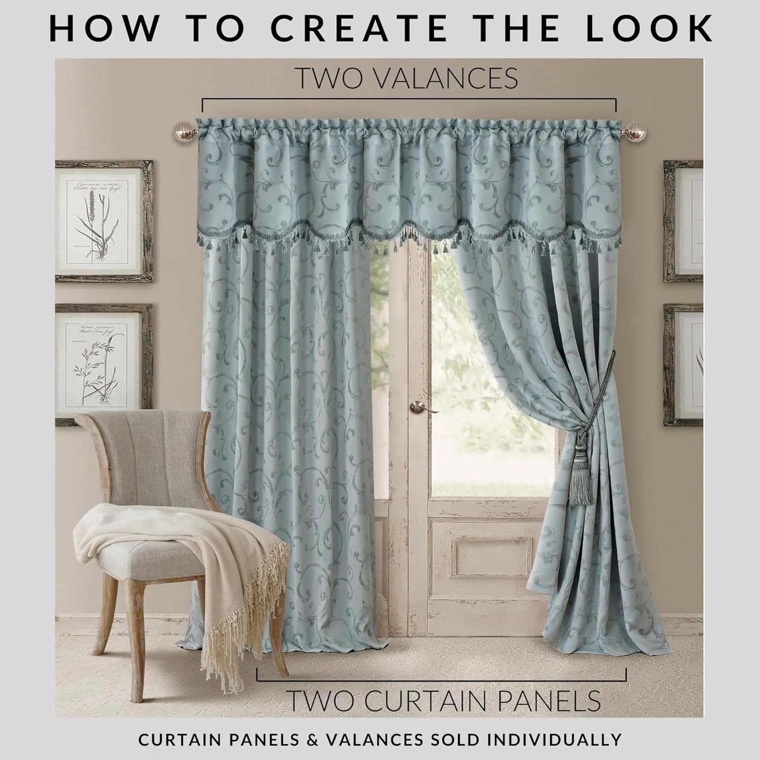 Elrene Home Fashions Mia Jacquard Scroll Blackout Valance, 52" x 19" (1 Valance), Blue