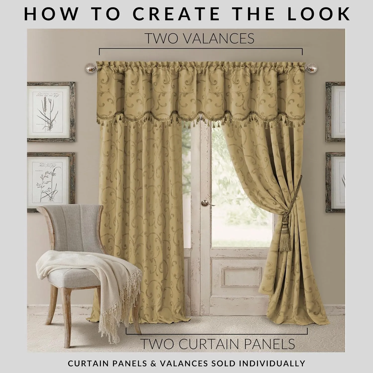 Elrene Home Fashions Mia Jacquard Scroll Blackout Valance, 52" x 19" (1 Valance), Gold