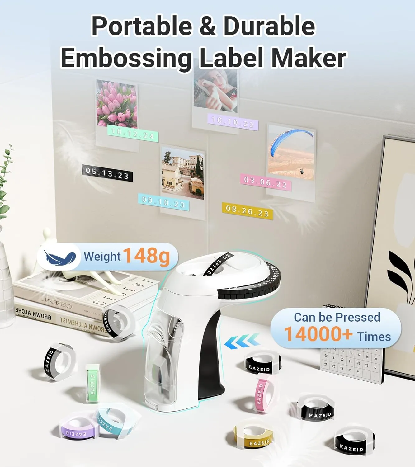 Embossing Label Maker Machine with-Tape, Vintage Embossed Label Maker Manual, Retro 3D Black Emboss Labeler with 10 Rolls 9mm Macaroon Embossing Label Tapes for Home Kitchen School Kids