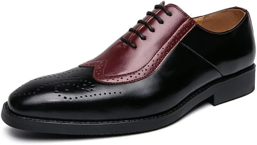 EMEPE Single Season Formal Shoes for Men Lace Up Two Tone Square Toe Brogue Embossed Wing tip Vegan Leather Block Heel Low Top Anti-Slip Slip Resistant Rubber Sole Very Popular Among Young peop