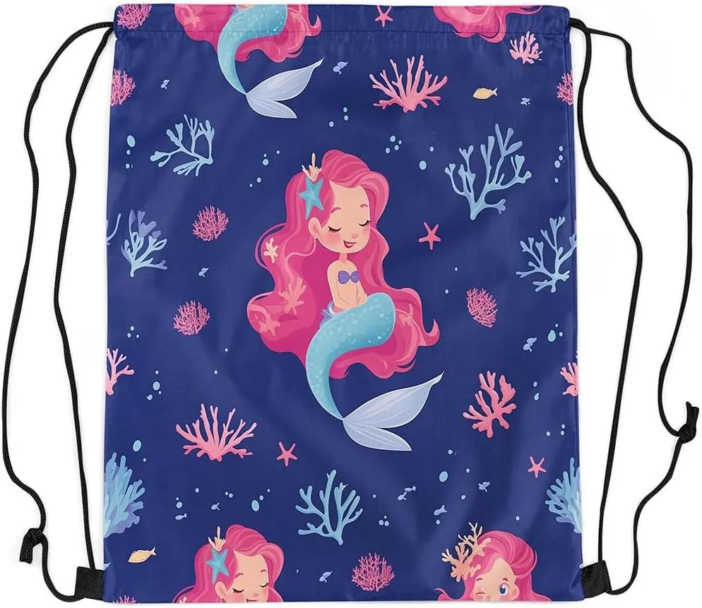 Erosebridal Cute Mermaid Drawstring Bags 13x15.7,Princess Mermaid Draw String Back Bag,Coastal Coral Starfish Sealife Cinch Bag,Mermaid Tail Drawstring Backpack for Sport Gym Yoga,Dark Blue