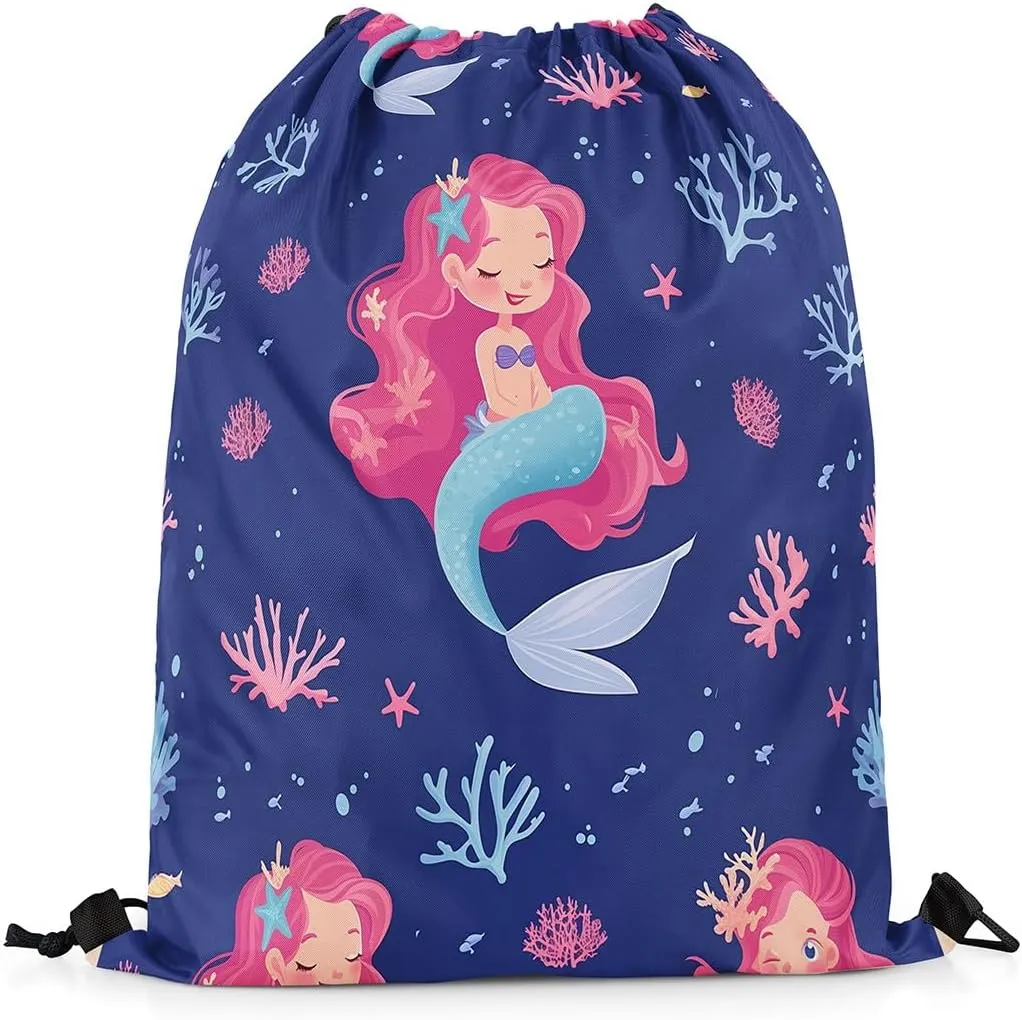 Erosebridal Cute Mermaid Drawstring Bags 13x15.7,Princess Mermaid Draw String Back Bag,Coastal Coral Starfish Sealife Cinch Bag,Mermaid Tail Drawstring Backpack for Sport Gym Yoga,Dark Blue