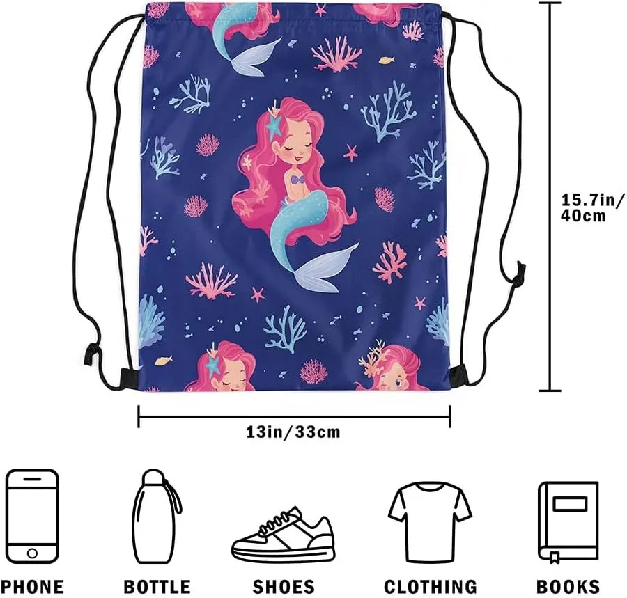 Erosebridal Cute Mermaid Drawstring Bags 13x15.7,Princess Mermaid Draw String Back Bag,Coastal Coral Starfish Sealife Cinch Bag,Mermaid Tail Drawstring Backpack for Sport Gym Yoga,Dark Blue