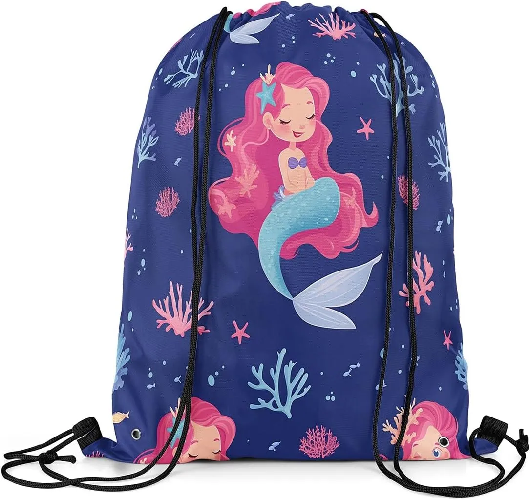 Erosebridal Cute Mermaid Drawstring Bags 13x15.7,Princess Mermaid Draw String Back Bag,Coastal Coral Starfish Sealife Cinch Bag,Mermaid Tail Drawstring Backpack for Sport Gym Yoga,Dark Blue
