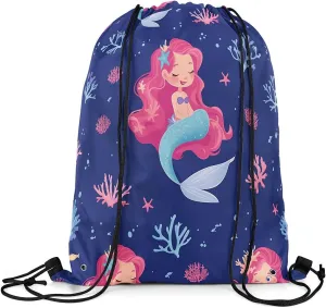 Erosebridal Cute Mermaid Drawstring Bags 13x15.7,Princess Mermaid Draw String Back Bag,Coastal Coral Starfish Sealife Cinch Bag,Mermaid Tail Drawstring Backpack for Sport Gym Yoga,Dark Blue