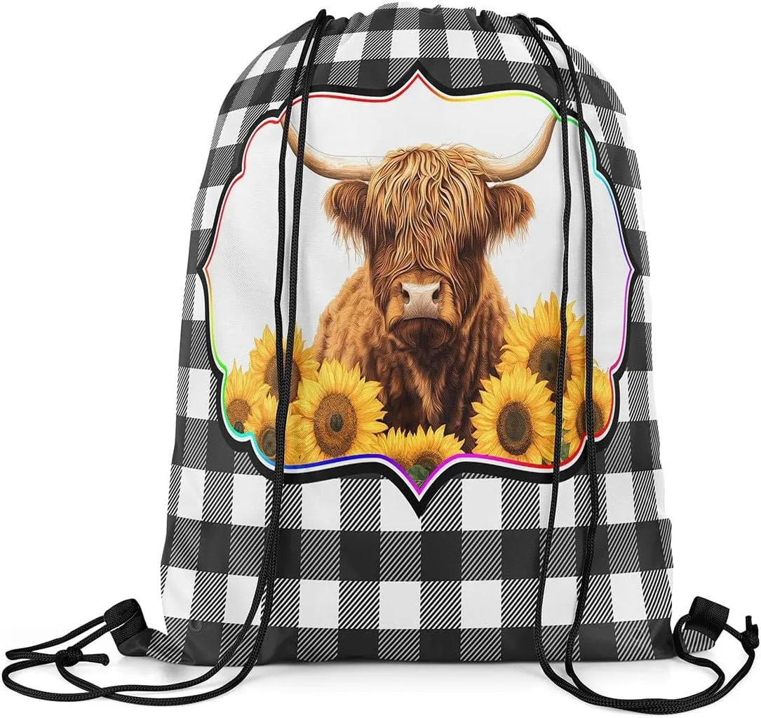 Erosebridal Highland Cow Drawstring Backpack 13X15.7, Yellow Sunflowers Bull Cattle Waterproof Drawstring Bags, White Black Check Draw String Back Bag, Geometric Stripes String Backpack