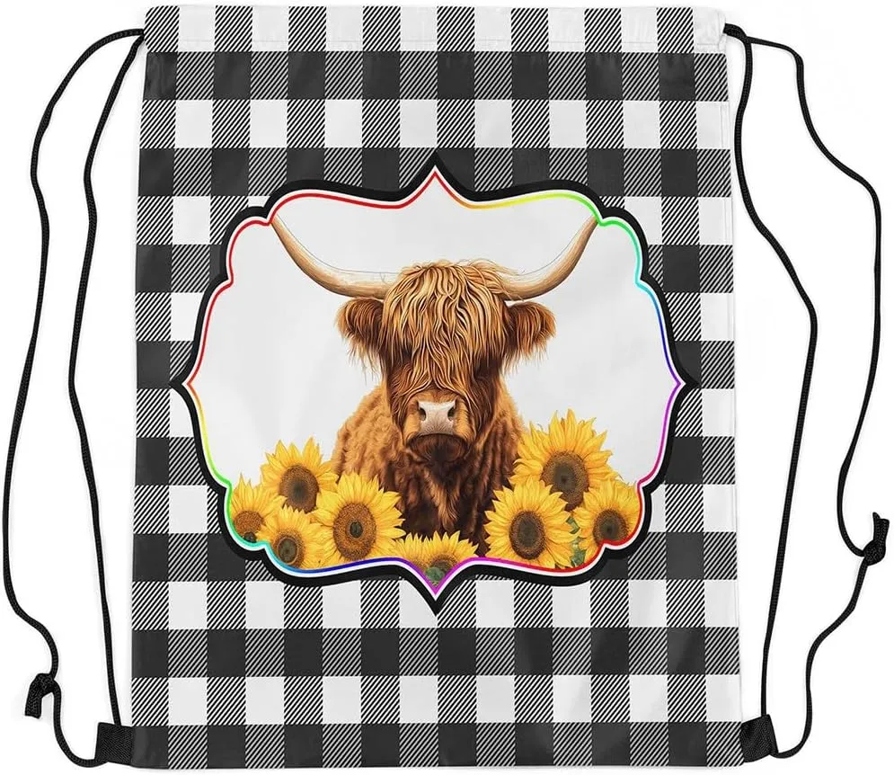 Erosebridal Highland Cow Drawstring Backpack 13X15.7, Yellow Sunflowers Bull Cattle Waterproof Drawstring Bags, White Black Check Draw String Back Bag, Geometric Stripes String Backpack