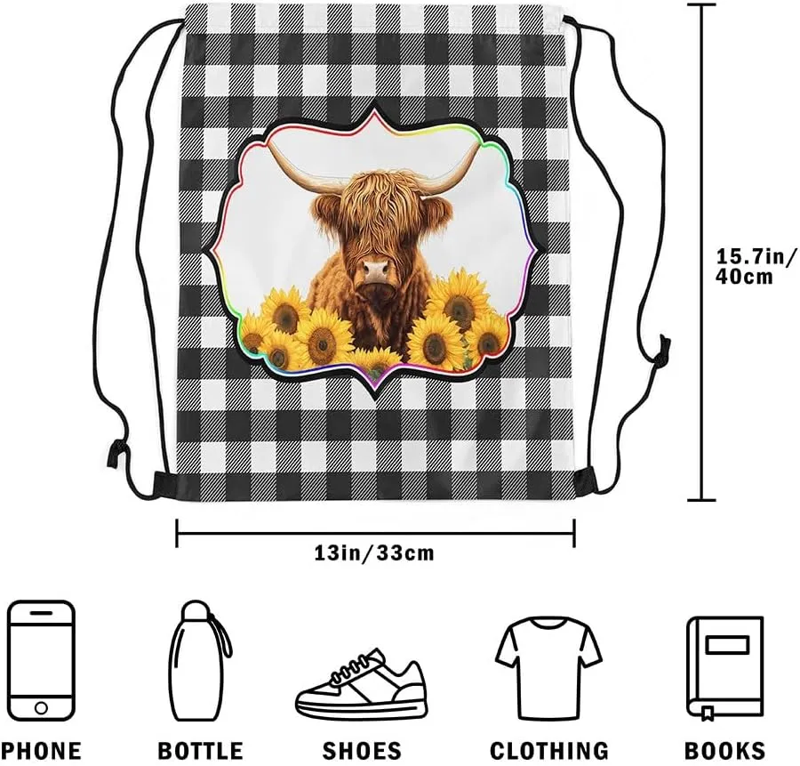 Erosebridal Highland Cow Drawstring Backpack 13X15.7, Yellow Sunflowers Bull Cattle Waterproof Drawstring Bags, White Black Check Draw String Back Bag, Geometric Stripes String Backpack