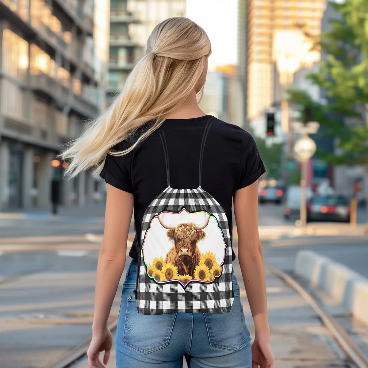 Erosebridal Highland Cow Drawstring Backpack 13X15.7, Yellow Sunflowers Bull Cattle Waterproof Drawstring Bags, White Black Check Draw String Back Bag, Geometric Stripes String Backpack