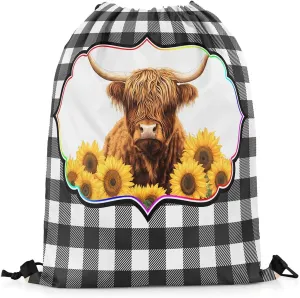 Erosebridal Highland Cow Drawstring Backpack 13X15.7, Yellow Sunflowers Bull Cattle Waterproof Drawstring Bags, White Black Check Draw String Back Bag, Geometric Stripes String Backpack