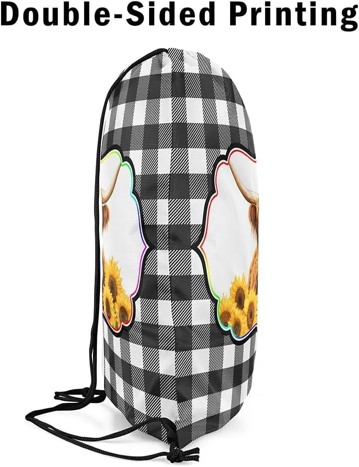 Erosebridal Highland Cow Drawstring Backpack 13X15.7, Yellow Sunflowers Bull Cattle Waterproof Drawstring Bags, White Black Check Draw String Back Bag, Geometric Stripes String Backpack