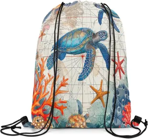 Erosebridal Retro Turtle Drawstring Backpack for Swim,Vintage Hawaii Tortoise Turtle Drawstring Bags,Coastal Coral Fish Draw String Back Bag,Tropical Ocean String Backpack,13 x 15.75