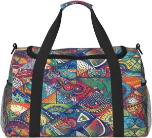 Ethnic Geometric Pattern Travel Duffel Bag with Strap Multi Pockets Sports Bag Handbag Large Shoulder Bag for Gym Weekend Fitness Camping