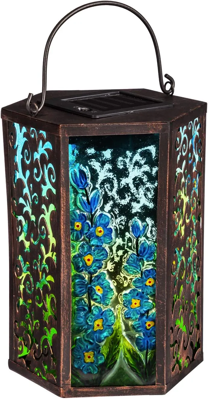 Evergreen Garden Handpainted Embossed Glass and Metal Solar Lantern, Blue Delphinium Florals