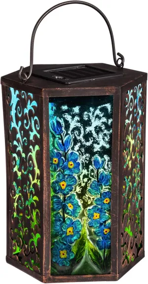 Evergreen Garden Handpainted Embossed Glass and Metal Solar Lantern, Blue Delphinium Florals