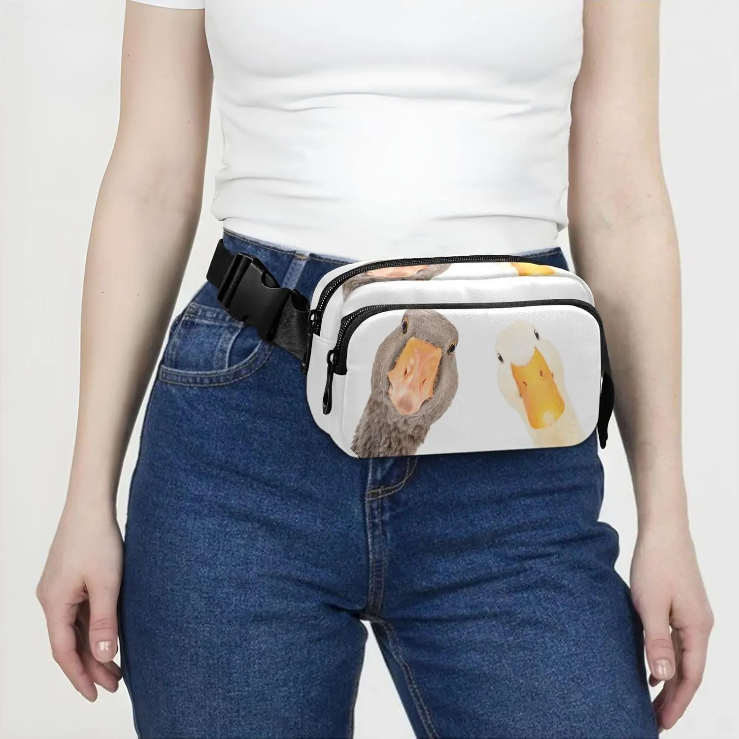 Exnundod Funny Goose and Duck Fanny Packs for Women Men, Waist Pack Crossbody Bags Waterproof Adjustable Belt Strap for Running Hiking Workout