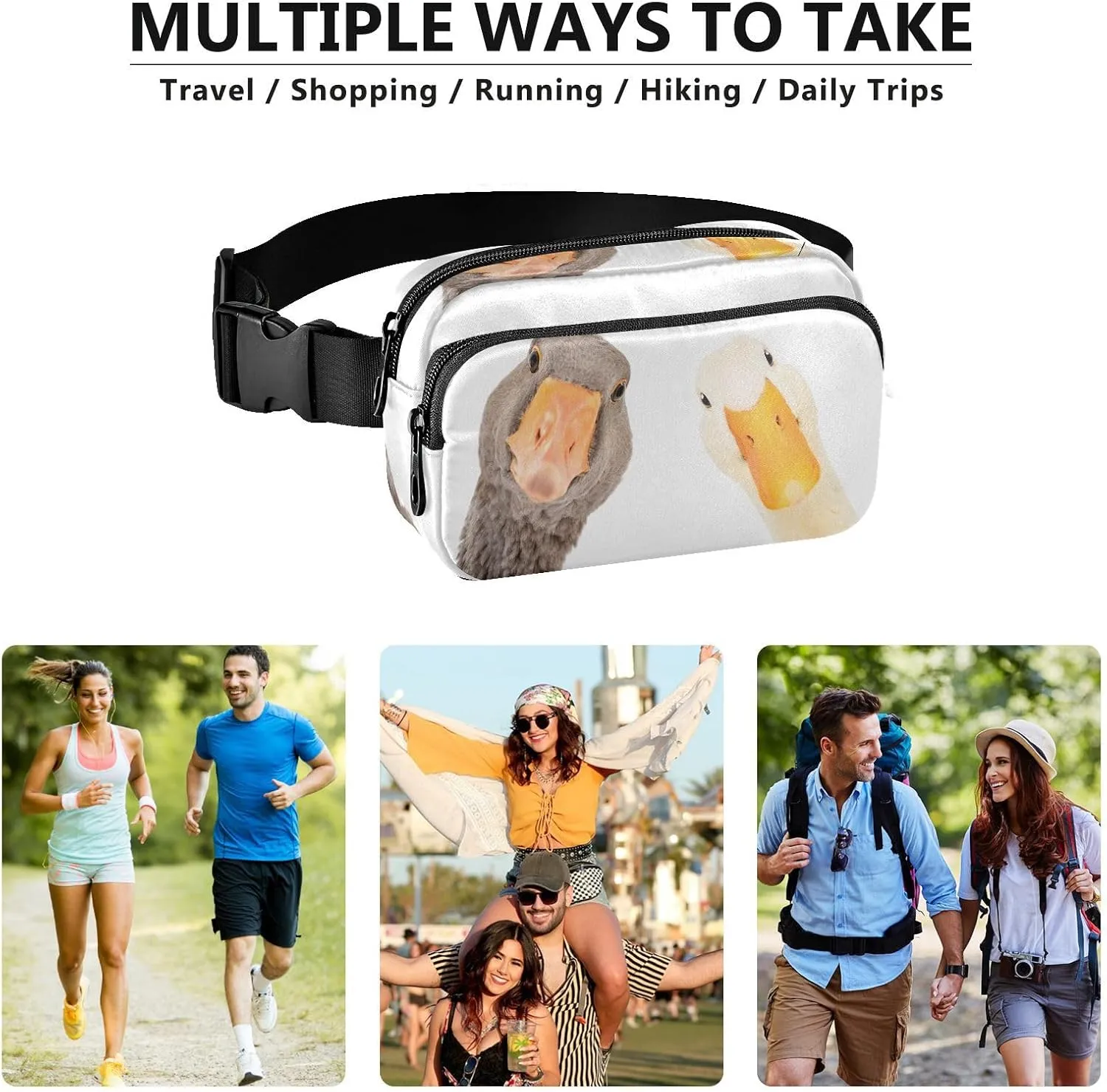 Exnundod Funny Goose and Duck Fanny Packs for Women Men, Waist Pack Crossbody Bags Waterproof Adjustable Belt Strap for Running Hiking Workout