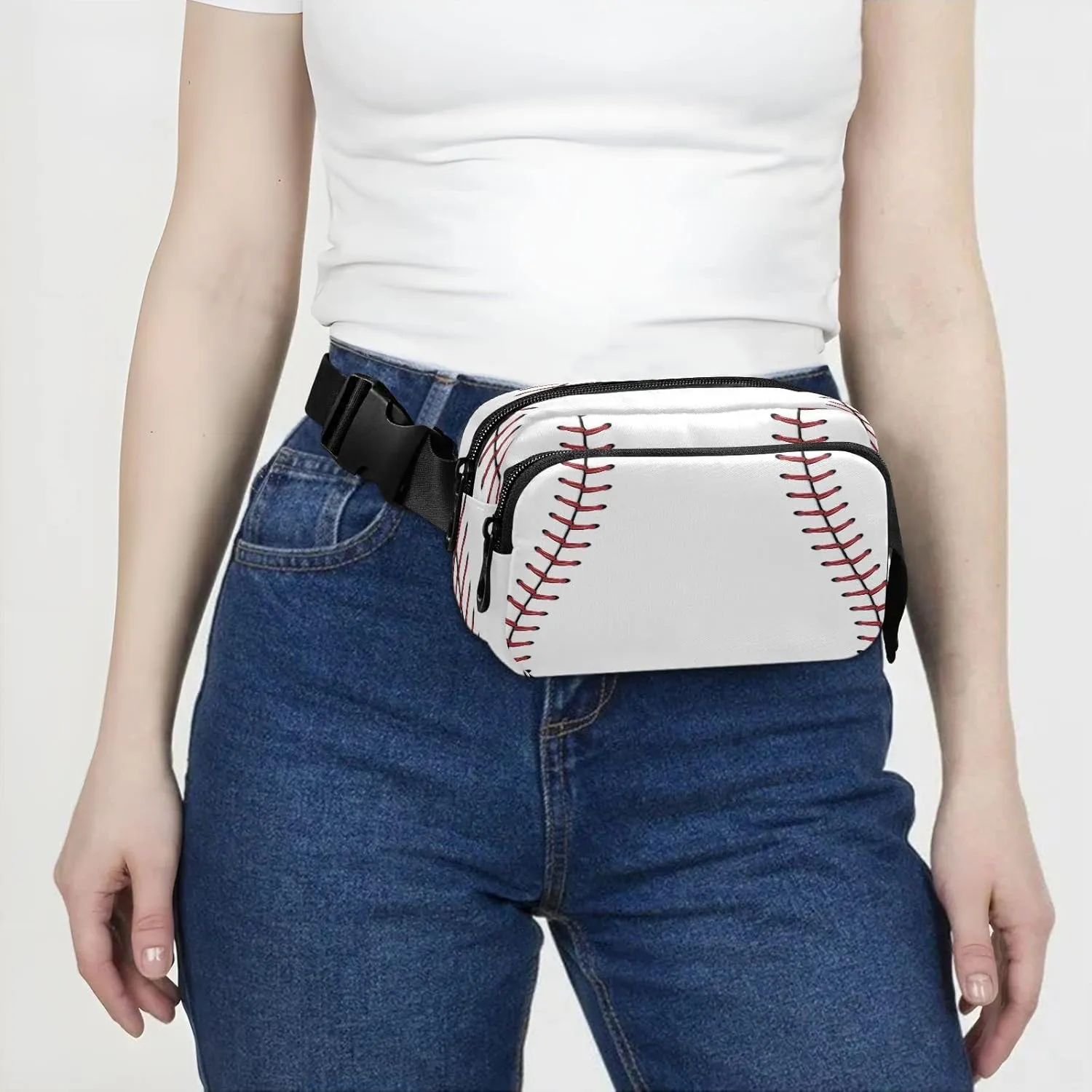 Exnundod Red Stitching Baseball Waist Pack Softball Fanny Packs for Women Men Sports Ball Purse Crossbody Bag Fashion Sling Bag Belt Bag Adjustable Strap for Running Hiking Cycling Traveling