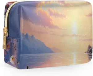 Exquisite Pattern Vivid Flora Travel Makeup Bag for Women, PU Leather Waterproof Checkered Cosmetic Bags Large Make up Bag Zipper Pouch