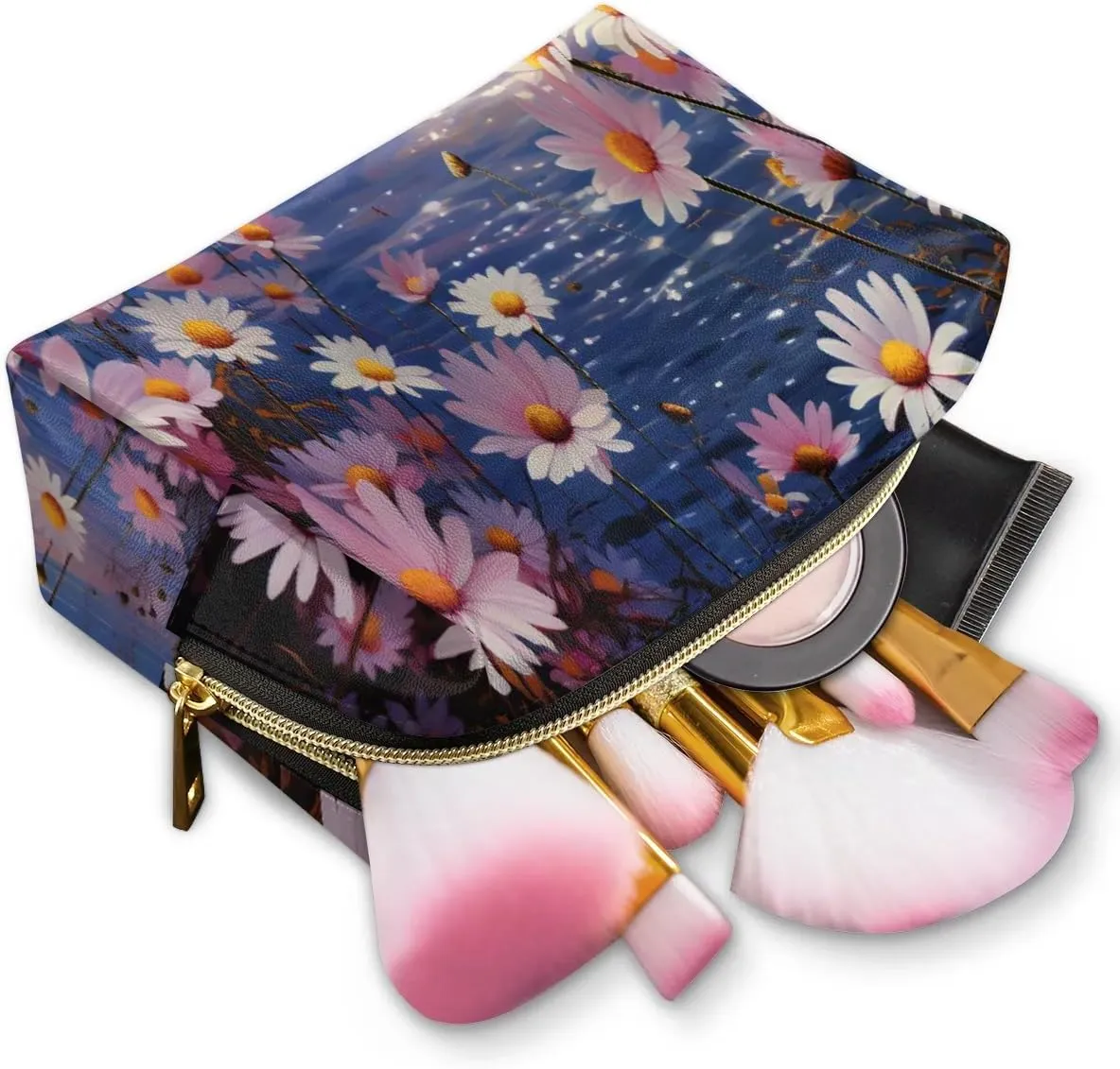 Exquisite Pattern Vivid Flora Travel Makeup Bag for Women, PU Leather Waterproof Checkered Cosmetic Bags Large Make up Bag Zipper Pouch