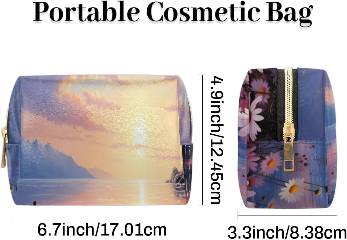 Exquisite Pattern Vivid Flora Travel Makeup Bag for Women, PU Leather Waterproof Checkered Cosmetic Bags Large Make up Bag Zipper Pouch